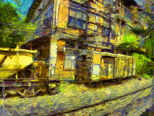 Landscape of abandoned buildings and old locomotives Illustrations creates an impressionist style of painting.