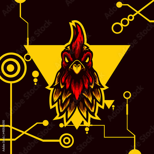 logo esport head rooster angry expression with yellow ornament. logo vector character head rooster for gaming. theme red color costume character.