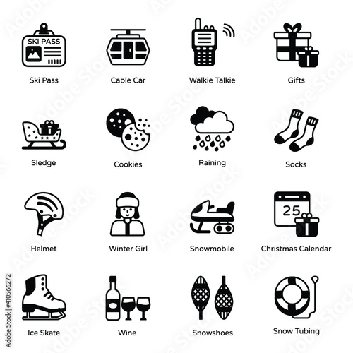 
Pack of Food and Winter Equipment Glyph Icons 
