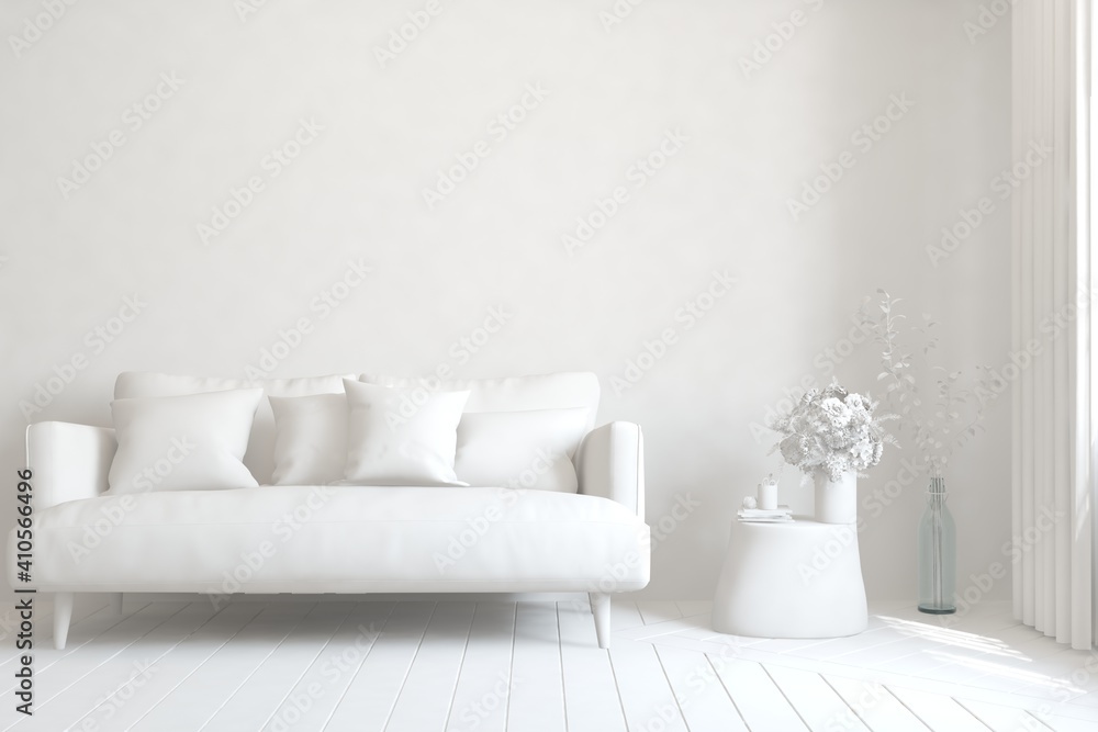 White minimalist living room with sofa. Scandinavian interior design. 3D illustration White minimalist living room with sofa. Scandinavian interior design. 3D illustration