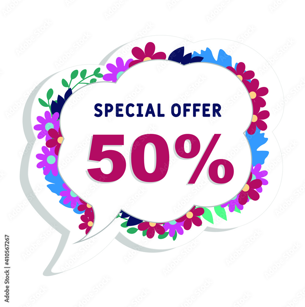 Spring sale background with 50% discount. Discount offer price tag. Special spring sale with flowers and leaves . Set of sale banners. Isolated Background. Banner, flyer, invitation, poster, brochu