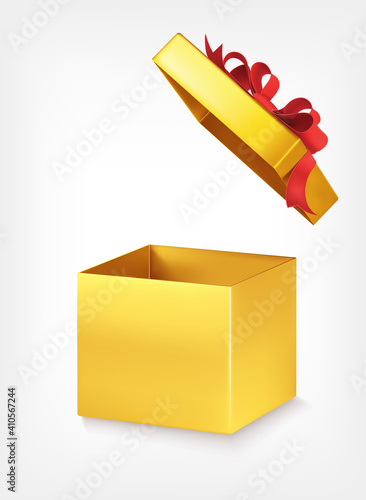 Gold empty gift box with red bow on white background. Open gift box. Sale. 3d realistic vector illustration. photo