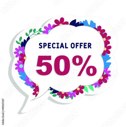 Spring sale background with 50% discount. Discount offer price tag. Special spring sale with flowers and leaves . Set of sale banners. Isolated Background. Banner, flyer, invitation, poster, brochu photo