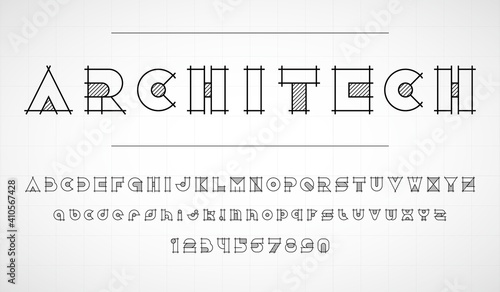 Architech font. Graphic black and white letters. Linear drawing alphabet for banners, logos and texts. Vector illustration.