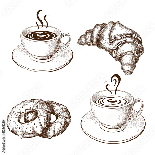 Coffee cups, croissant, donuts drawing, vector illustration isolated on white. Sketch of hot cup of coffee or tea and fresh pastry, vintage engraved style. sweet breakfast, morning time design element