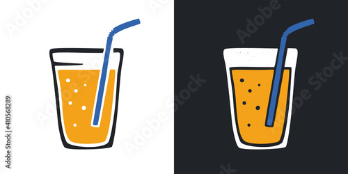 Glass of orange juice with a blue tubule. Available in two color options. On a white and black background. Cozy pictogram original design. Vector shabby hand drawn illustration