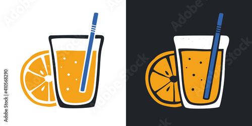 Glass of orange juice with a blue tubule. Available in two color options. On a white and black background. Cozy pictogram original design. Vector shabby hand drawn illustration