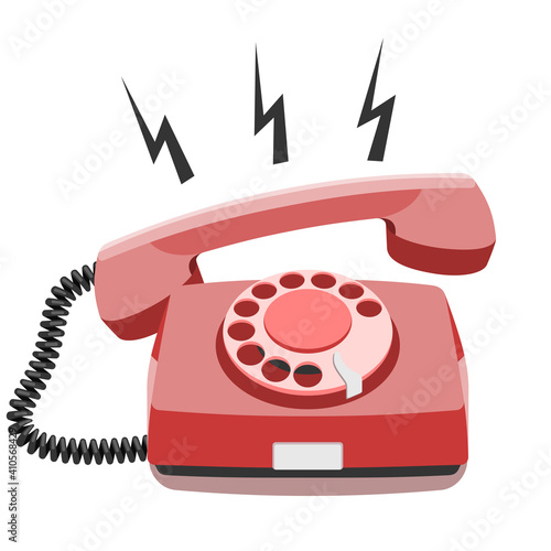 Phone call, old rotary telephone, vintage wired phone handset, retro phone. Vector illustration on white background with copy space