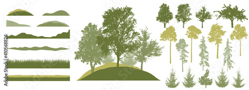 Forest, constructor kit. Silhouettes of beautiful birch, fir trees, poplar ,grass, hill. Collection of element for create beautiful spring forest or park, woodland, landscape. Vector illustration.