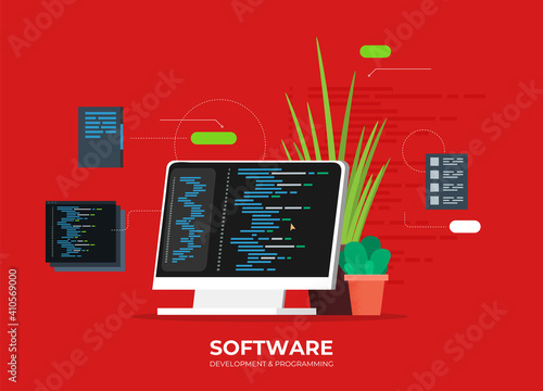 Software development and programming, program code on laptop screen, big data processing, computing isometric
