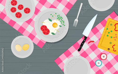 Flat vector kitchenware utensils and food on wooden worktop