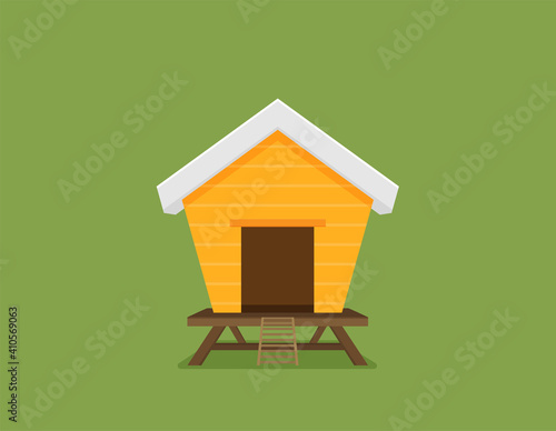 Cartoon vector icon of bright red chicken coop, fresh eggs in the nest.