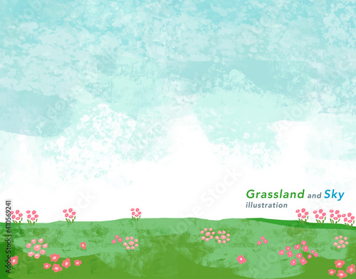水彩風の草原と空のベクターイラスト背景
