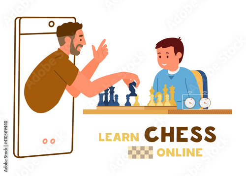 Online Chess Education Concept. Boy Sitting At Table With Chessboard And Chess Timer. Teacher Holding Knight Shows How To Play From Smartphone. Vector Illustration.