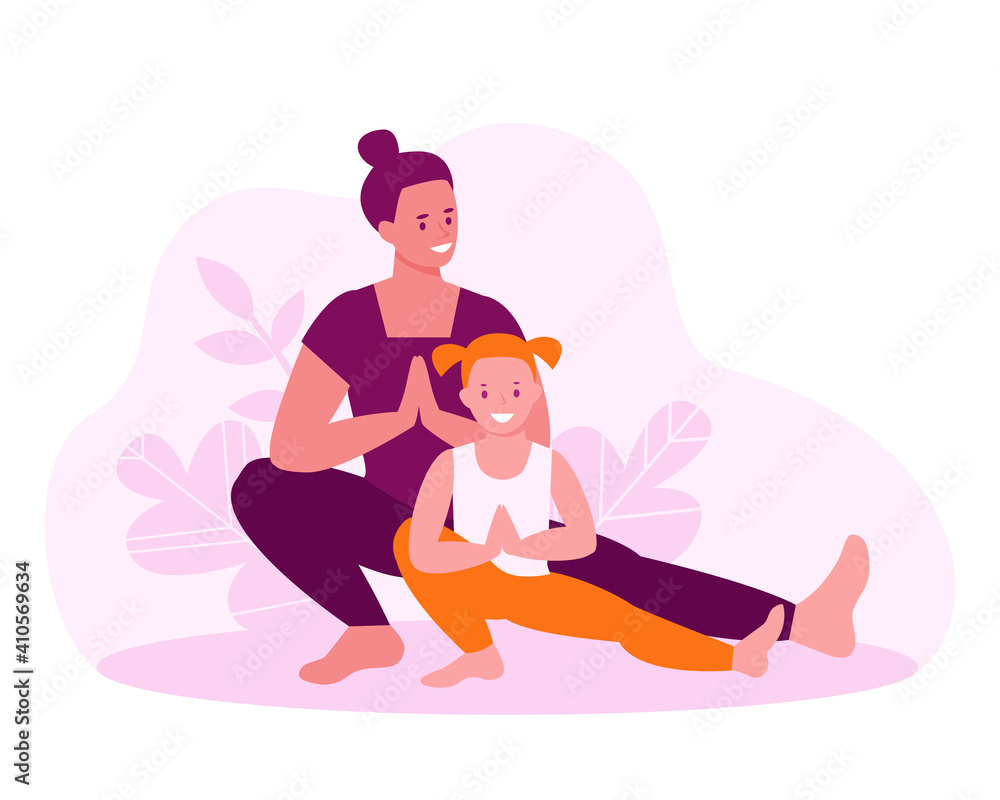 Mother and daughter are doing yoga. Family fitness classes concept. Vector illustration in flat cartoon style.