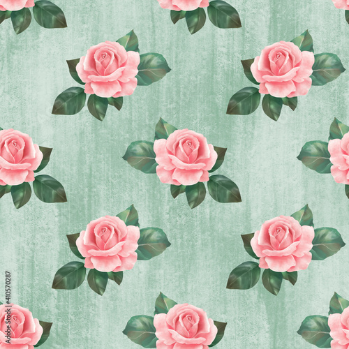 Watercolor floral seamless pattern with pink rose flowers on green background