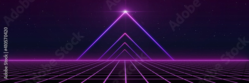 Retro style 80s Sci-Fi Background Futuristic with laser grid landscape. Digital cyber surface style of the 1980 s. 3D illustration. For banner