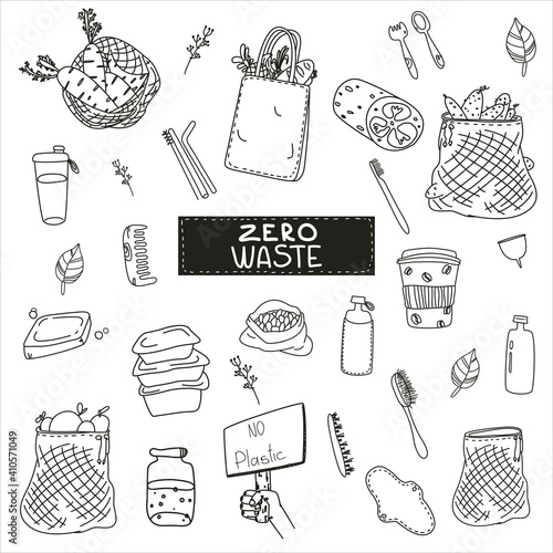 Huge hand drawn vector doodle set about zero waste. Ecology, no plastic, eco. environmentally friendly doodle icons. Isolated on white background. for prints, poster, cute stationery, ecology design.