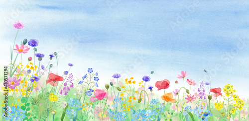 色々な花が咲く、春の野原の風景の水彩イラスト。バナー背景。