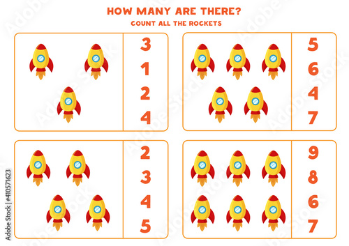 Counting game with cartoon rockets. Math worksheet.