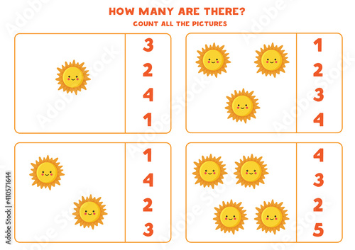 Counting game with cute cartoon Sun. Math worksheet.