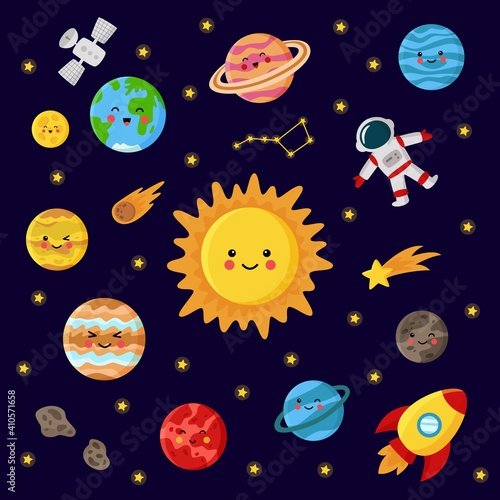 Collection of solar system planets and Sun. Space elements.