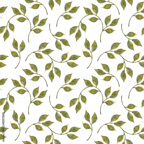 Green watercolor leaves on a white background. Simple seamless pattern in eco style. Botanical wallpaper design, natural fabric print. Hand-drawn herbal elements