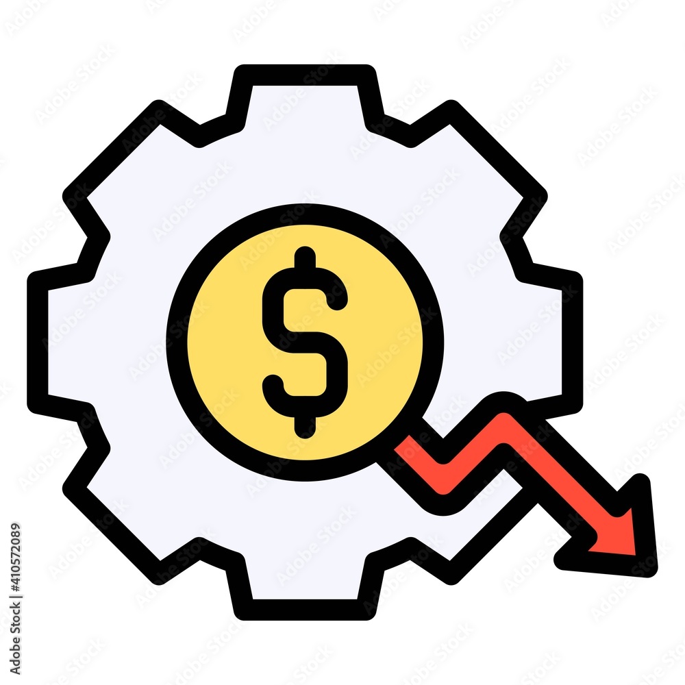 Gear with coin and decrease arrow icon, Bankruptcy related vector Gear with coin and decrease arrow icon, Bankruptcy related vector