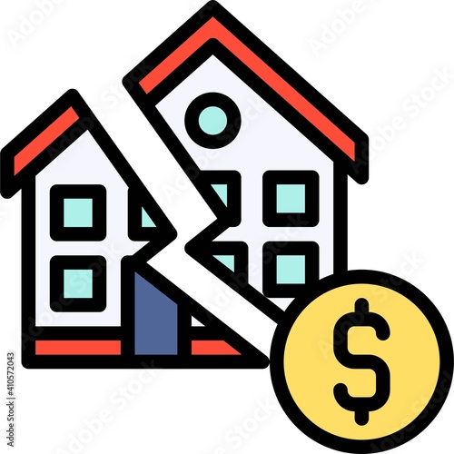 Broken house with coin icon, Bankruptcy related vector