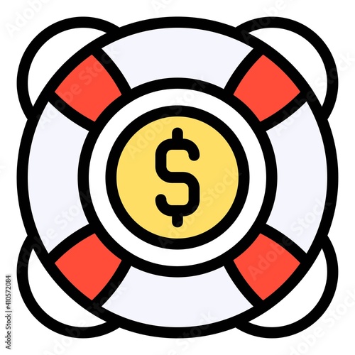 Coin in Lifebuoy icon, Bankruptcy related vector