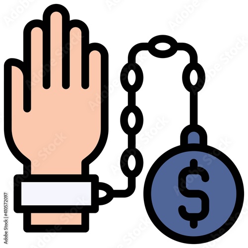 Hand chained with iron ball icon, Bankruptcy related vector