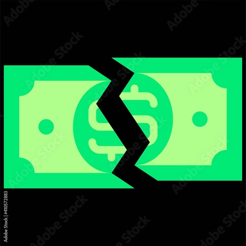 Torn banknote icon, Bankruptcy related vector