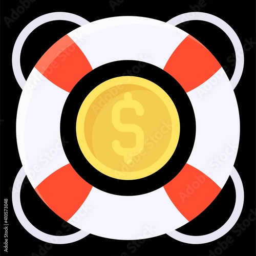 Coin in Lifebuoy icon, Bankruptcy related vector