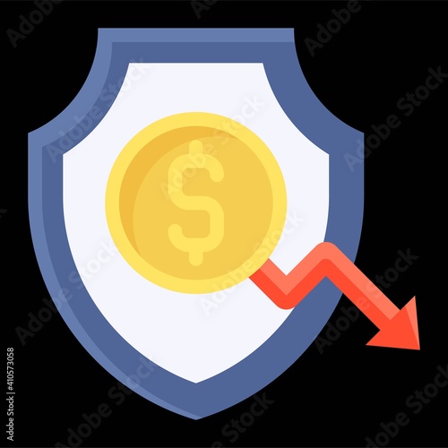 Shield with coin and decrease arrow icon, Bankruptcy related vector