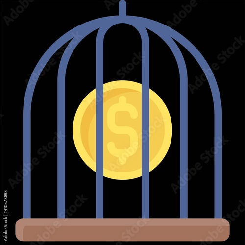 Coin in cage icon, Bankruptcy related vector