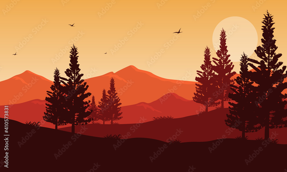 Very nice scenic mountains at sunset in the afternoon. Vector illustration