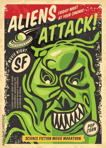 Monster from outer space retro poster design for film festival. Aliens and creatures attacking movie theme vector advertisement. Cinema event for science fiction and scary movies.