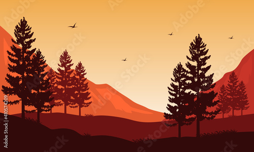 Nice views of trees and mountains at sunset in the afternoon. Vector illustration