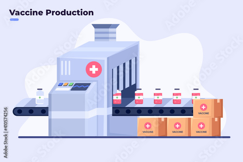 Flat illustration of Covid-19 Coronavirus Vaccine Production, Mass production Vaccine, development and manufacture process of a new vaccine, Making Vaccine Corona at medical factory.