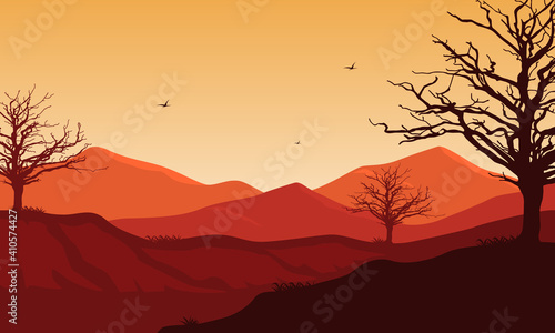 Nice scenic mountains at twilight on the edge of the city. Vector illustration