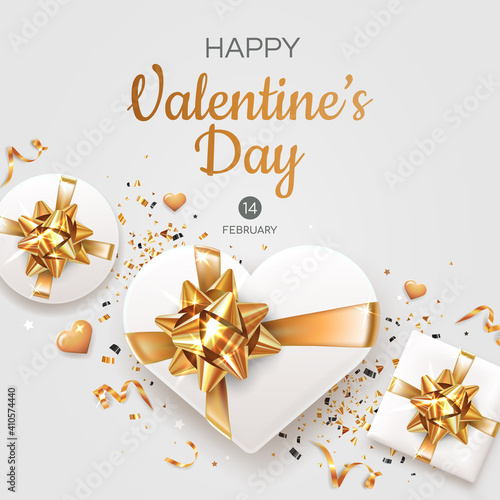 Square Valentine s Day greeting card template. White gift boxes on light background. Symbols of holiday - hearts  gold ribbons and tinsel.