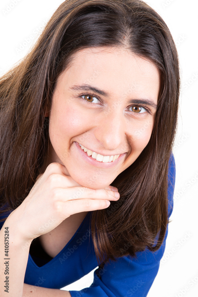 Close-up portrait of young woman big smile, beautiful model posing in studio over white background Close-up portrait of young woman big smile, beautiful model posing in studio over white background