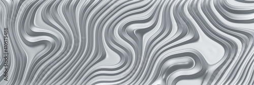 3D rendered abstract grey metallic background. Wavy silver.