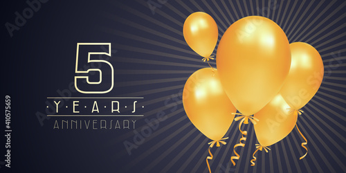 5 years anniversary vector logo, icon. Graphic element with golden color balloons for 5th anniversary