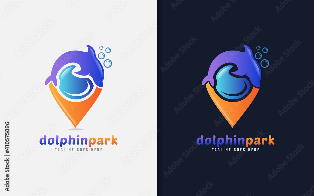 Fototapeta premium Dolphin Park Logo Design. Dolphin Combine with Location Symbol Logo Design. Vector Logo Illustration.