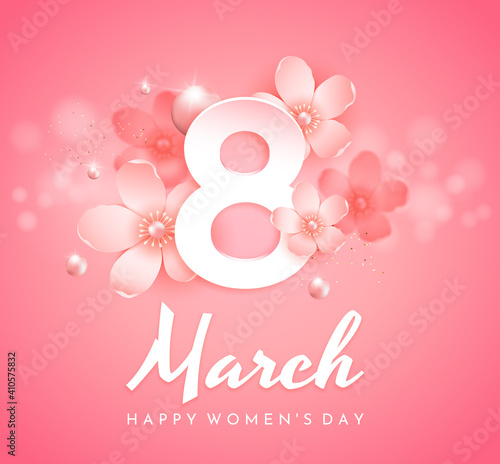 Number 8 surrounded by flowers of apples on a pink background. Card for International Women's Day (March 8).