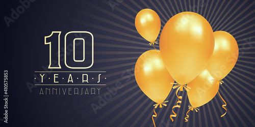 10 years anniversary vector logo, icon. Graphic element with golden color balloons for 10th anniversary