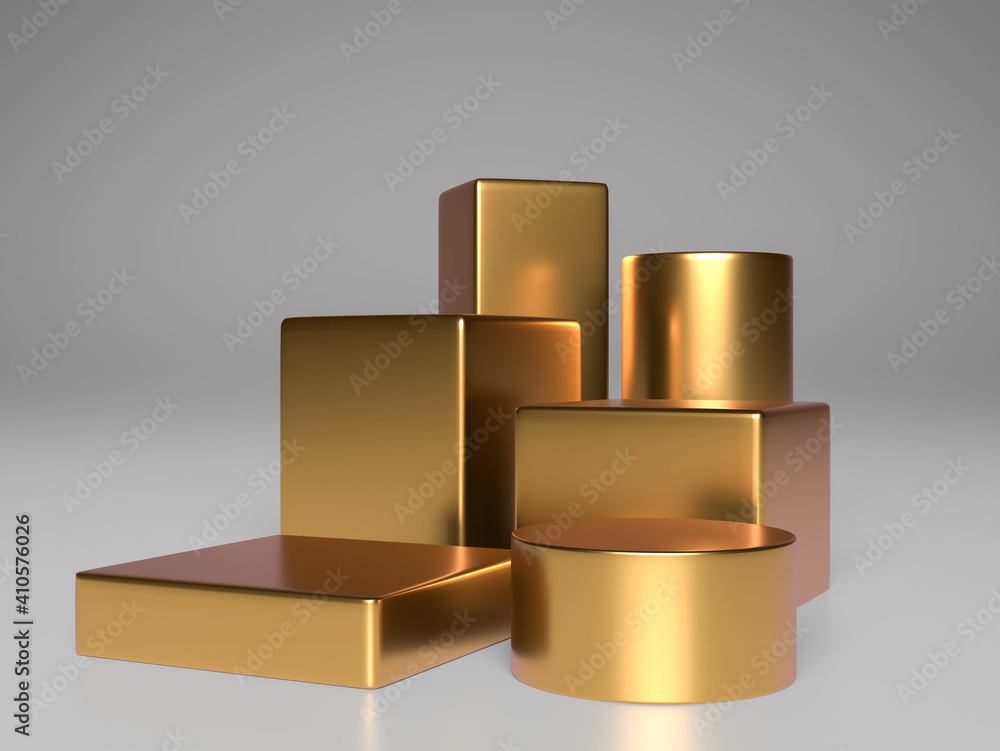Empty podium Gold empty product showcase of different heights over white background. marketing and advertising. 3d rendering Empty podium Gold empty product showcase of different heights over white background. marketing and advertising. 3d rendering