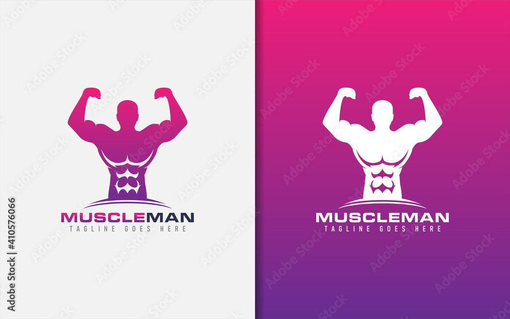 Muscle Man Logo. Gym Fitness Logo Design With People Showing His Muscles Pose. Sport Vector Logo Illustration.