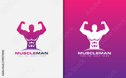 Muscle Man Logo. Gym Fitness Logo Design With People Showing His Muscles Pose. Sport Vector Logo Illustration.